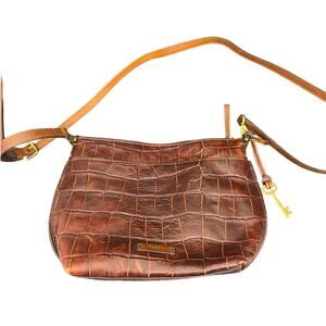 Fossil Brown Soft‎ Leather Crossbody Bag Purse Alligator Texture